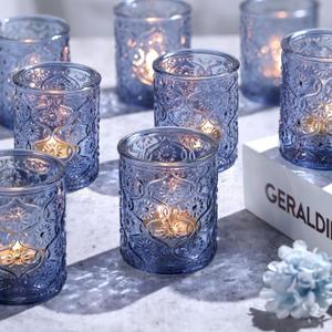 Volens 24pcs Blue Votive Candle Holders for Table Centerpiece, Vintage Flower Glass Tealight Candle Holders Bulk for Wedding Decorations, Bridal Shower, Boho, Home and Party Decor
