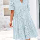 BTFBM Womens Boho Summer Dresses 2026 Spring V Neck Short Sleeve Hollow Out Lace Ruffle Casual Beach Mini Vacation Dress (M)