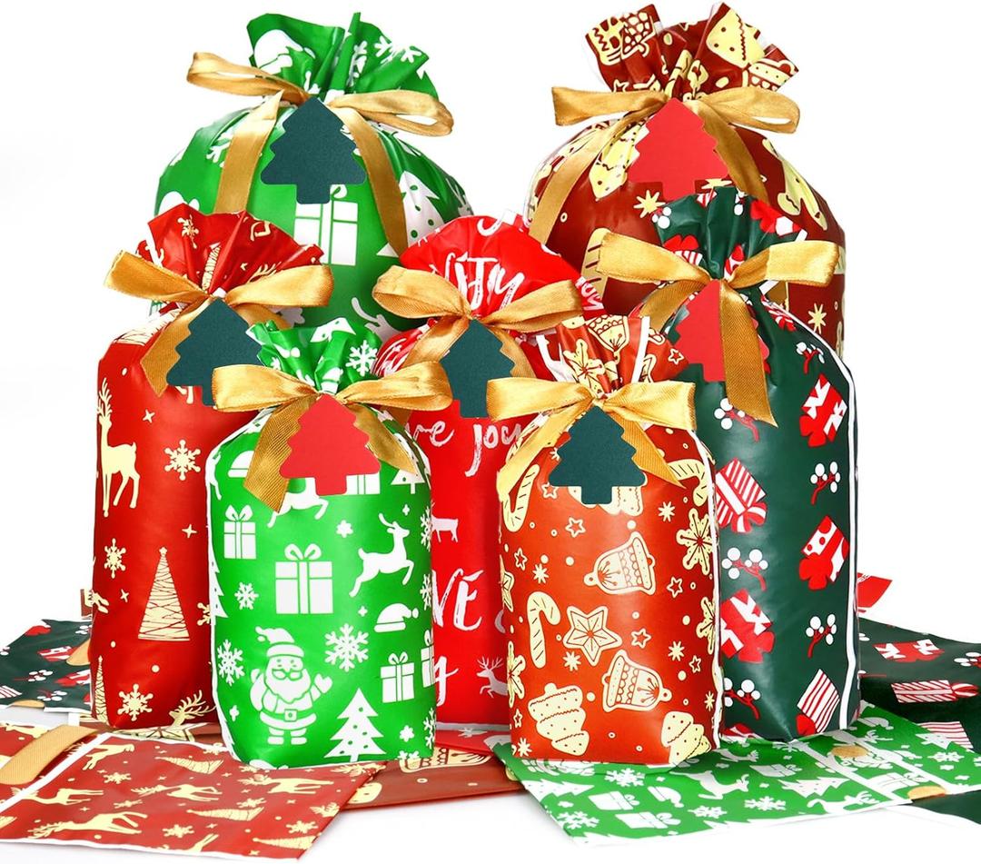 QAZMJUE 75PCS Christmas Drawstring Gift Bags, 5 Designs Large Medium Small Xmas Wrapping Bags with Tags, Holiday Party Favors for Presents Goody Bags Decorations
