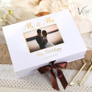 Weysat 12x9 Inches Gold Stamping Font Wedding Keepsake Box Cover with Photo Frame, White Wedding Memory Box with Ribbon for Couples Newlyweds Bridal Shower Gifts