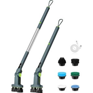 Electric Spin Scrubber Cordless Dual-Brush, IPX7 Waterproof Bathroom Power Scrubber Removalbe Extendable Handle with Digital Display, 2 Speeds, 6 Brush Heads for Bathroom, Tub, Tile, Shower, and Car