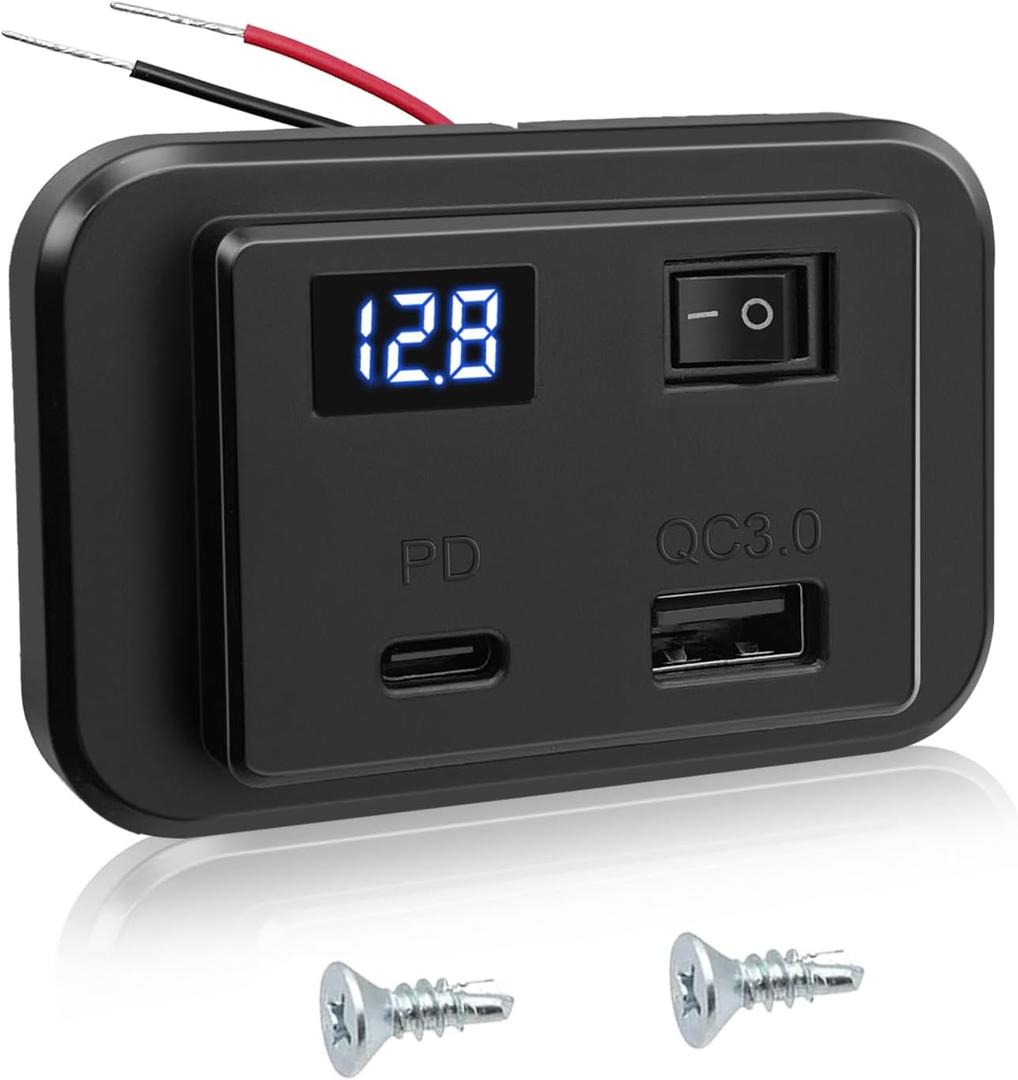 12V RV USB Outlet Wall Mount Panel with Voltmeter- USB C Car Charger QC3.0 Fast Charging Socket ON/OFF Switch for Marine Bus ATV