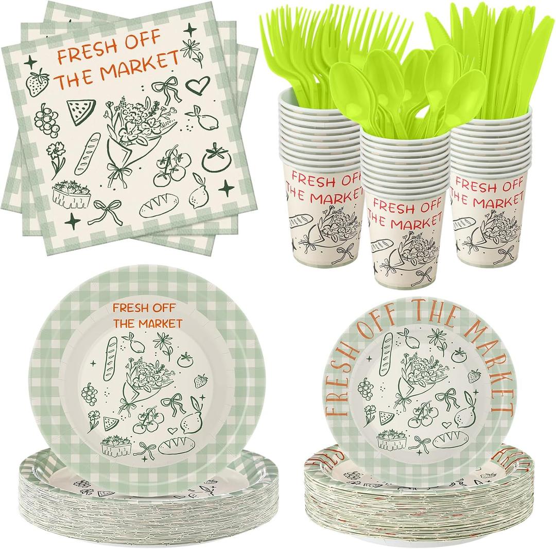 FoldTier 350 Pcs Fresh off the Market Bridal Shower Party Tableware - Paper Plate, Napkin, Cup, Cutlery, Disposable Fresh off the Market Party Decorations for Family and Friends, 50 Guests