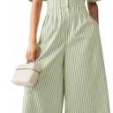 Women's Dressy Casual Loose Jumpsuits One Piece Striped Short Sleeve Button Down Shirt Wide Leg Rompers Summer Outfit Large