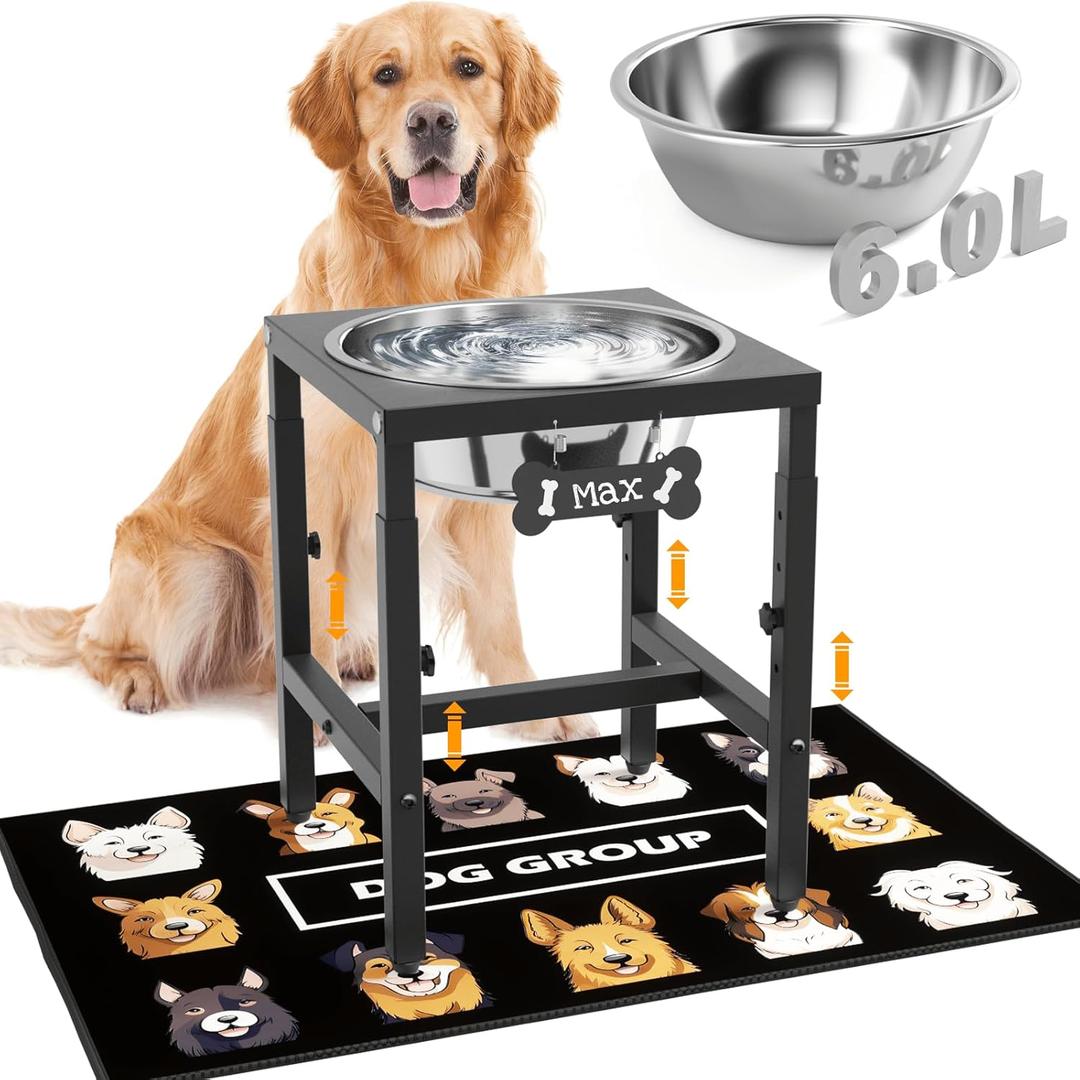 ADENGL 1.6 Gallon Elevated Dog Water Bowl for Large Dogs, 4-Height Adjustable (1318'') Raised Stainless Steel Bowl with Spill-Proof Mat & Sturdy Metal Stand, Easy-Clean Feeder for Indoor/Outdoor Use