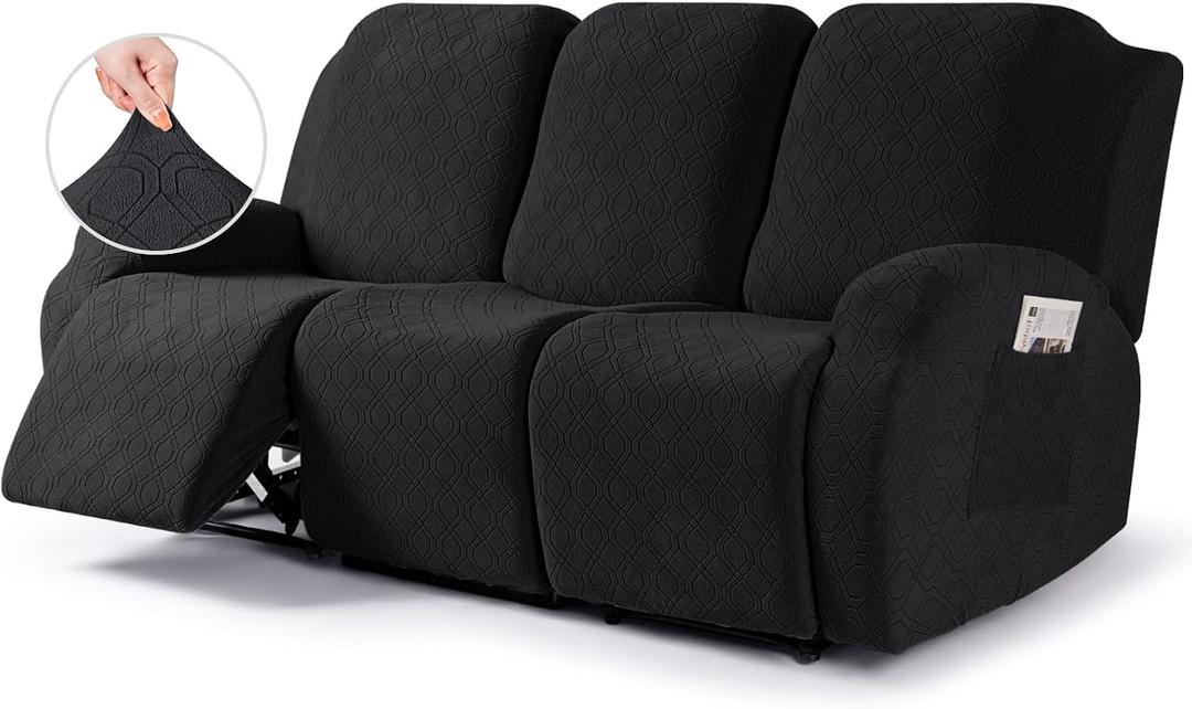 VANSOFY Recliner Cover, 3-Pieces Stretch Reclining Couch Covers with Pockets Reclining Sofa Slipcovers 3 Seater Soft Washable Furniture Protector for Dogs Cats(Black)