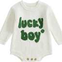 Newborn Baby Boy St Patricks Day Outfit Embroidery Knit Sweater Romper Long Sleeve Knitted Bodysuit, 3-6M