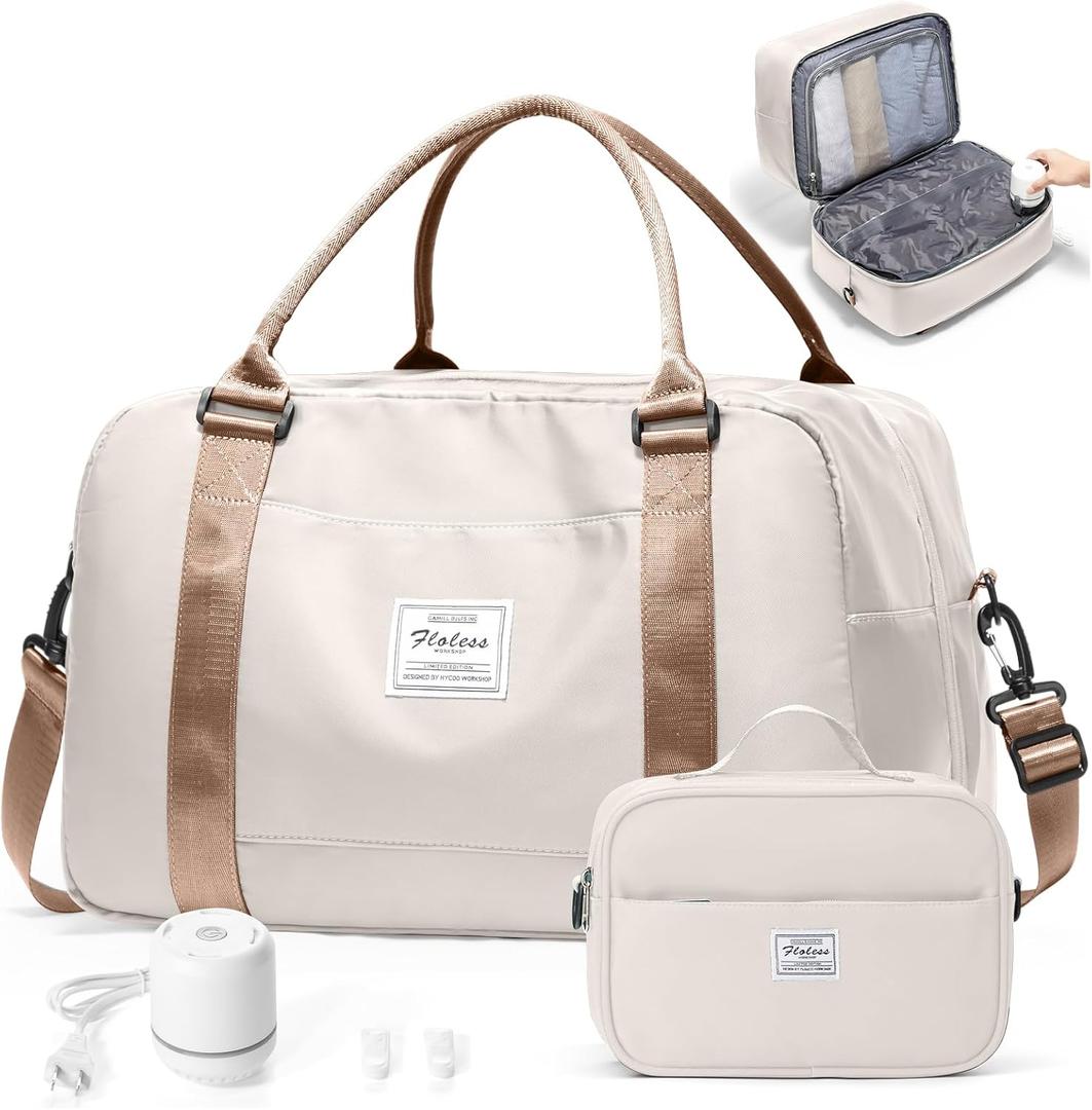 Vacuum Travel Bag for Women with Air Pump, Personal Item Carry on Bags with Seal Compression Pocket for Airlines, Weekender Overnight Bag for Women with Toiletry BagBeige & Brown