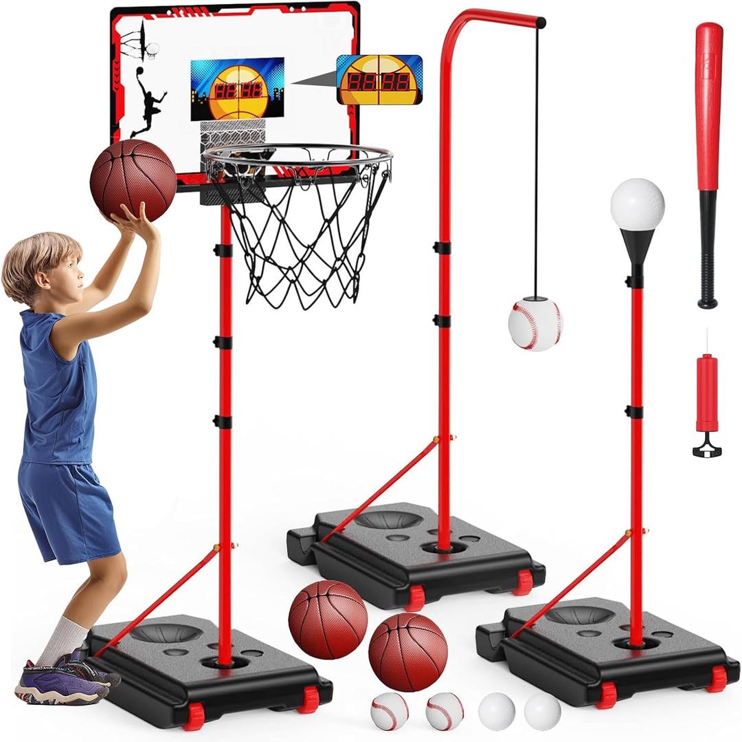 4 in 1 Kids Basketball Hoop and T-Ball Set - Adjustable Basketball Stand, T Baseball Toys for Toddlers Boys Girls Gifts Ages 2 3 4 5 6 7 8 Years Old Indoor Outdoor Sports Toys