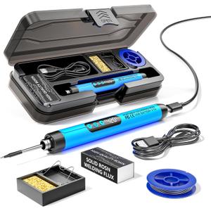 Cordless USB Rechargeable Portable Soldering Iron, Digital adjustable display screen, Heating Core, Soldering Iron Cord, Rosin, Soldering Iron Stand, Storage Case (Blue)
