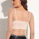 Women's Pearl Rhinestone See Through Long Sleeve Mesh Blouse One Piece Cover Up Halloween Festival Crop Top