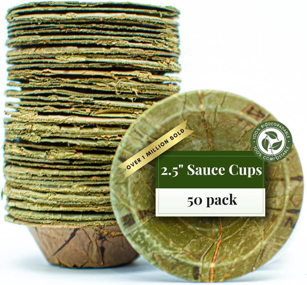 TAPARI Disposable Sauce Ramekins - 50 Pack Mini Sauce Pots - 2.5 Inch - Sturdy, Eco-Friendly - Home Compostable & Biodegradable Souffle cups for Parties & Containers for Dips - Sal Leaf - 1 Fl Oz