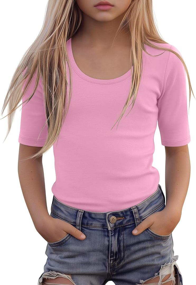 Girls' Half Sleeve T Shirts 1/2 Sleeve Scoop Neck Shirts Slim Fit Elbow Length Summer Casual Tops Size 5-14 Years