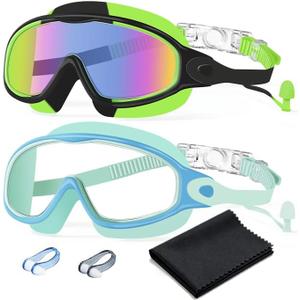 Swim Goggles 2 Pack Anti-Fog Anti-UV Wide View No Leakage Swimming Goggles for Kids 3-15 with Earplugs (Light Blue & Black Green)