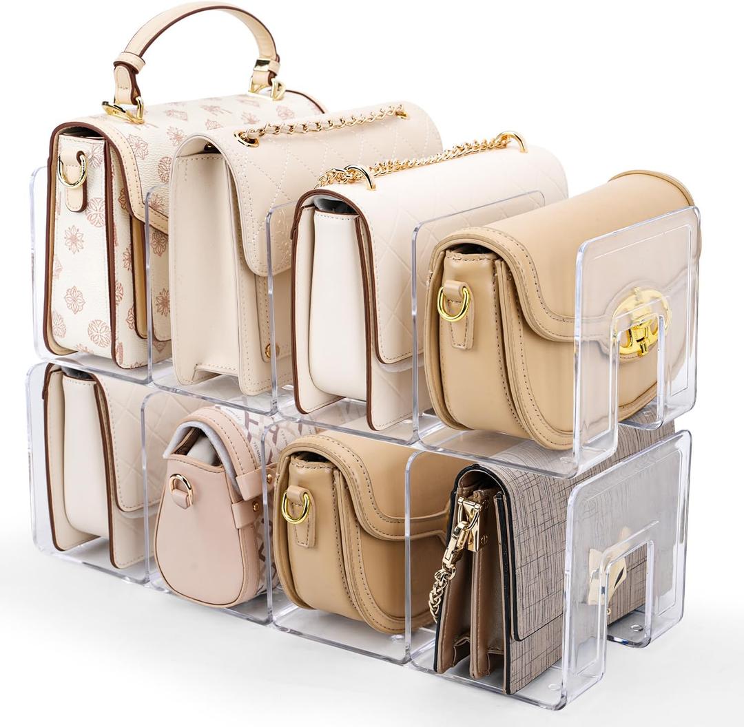 2 Pack Acrylic Purse Organizer for Closet, 8-Slot Bag & Purse Organizer, No Assembly, Clear Handbag Storage Shelf for Shelf Divider Handbags, Clothes, Sweater