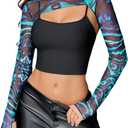 Avidlove Women Sexy Long Sleeve Mesh Crop Top Solid Cover Up with Spaghetti Strap Cami Top 2 Pieces Clubwear with Thumb Holes (Black), L