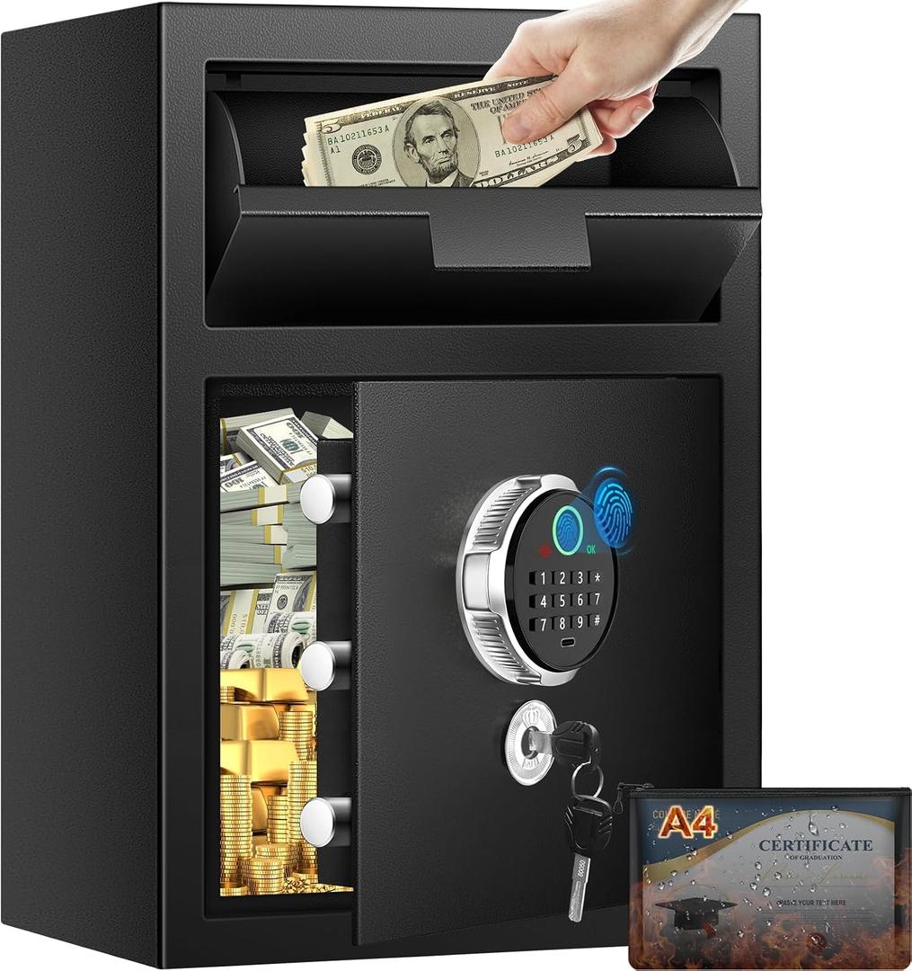 2.6 Cuft Biometric Drop Safe for Business, Anti-Theft Fingerprint Safe Box with Quick Place Drop Slot, Digital Keypad and Spare Key, Depository Safe for Home Office Retail Store Business Mail Church