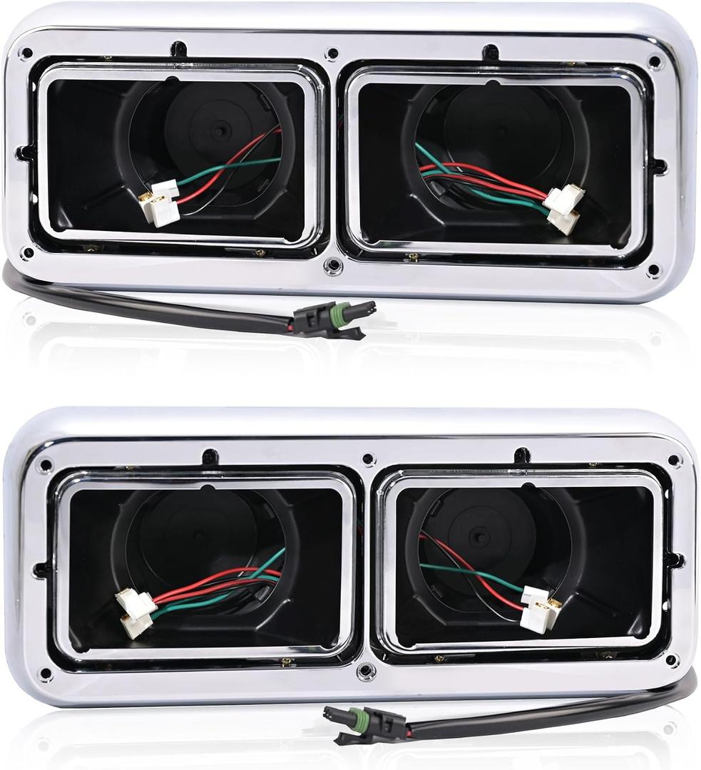 Chrome Headlight Housing Base With Wire Harnesses Compatible with Kenworth T400 T600 T800 W900 K100 C500, Peterbilt 378 379 Headlamp Set Left and Right Side Semi Truck Accessories
