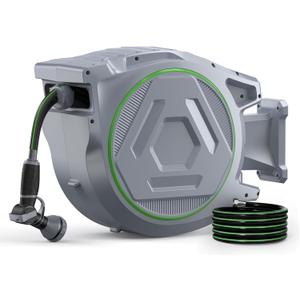 Retractable Garden Hose Reel, 5/8" x 100+6.6 FT Wall Mounted Water Hose Reel, Heavy Duty Automatic Hose Reel with 9 Pattern Nozzle, 11S Upgraded Slow Rewind & 180 Swivel for Outside Use