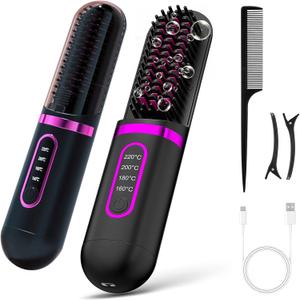 Straightening Brush Anti-Scald Straightener, Cordless straightening Brush, 20s Fast Heating, 4 Temp Settings, 160C-220C, Straightener hot Comb Portable Straightener for Travel, Black