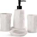 INGOFIN Bathroom Accessories Set 4 PCS, White Embossed Design for Home and Hotel, Farmhouse Decor, Contain Toothbrush Cup Soap Dispenser & Dish Tumbler White