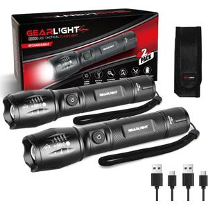 GearLight S1000 LED Tactical Flashlight - High Lumens, USB-C Fast Charging, Dual-Button, IPX4 Water-Resistant, Pocket-Sized for Camping & Emergencies with Batteries - 2 Pack, (Rechargeable)
