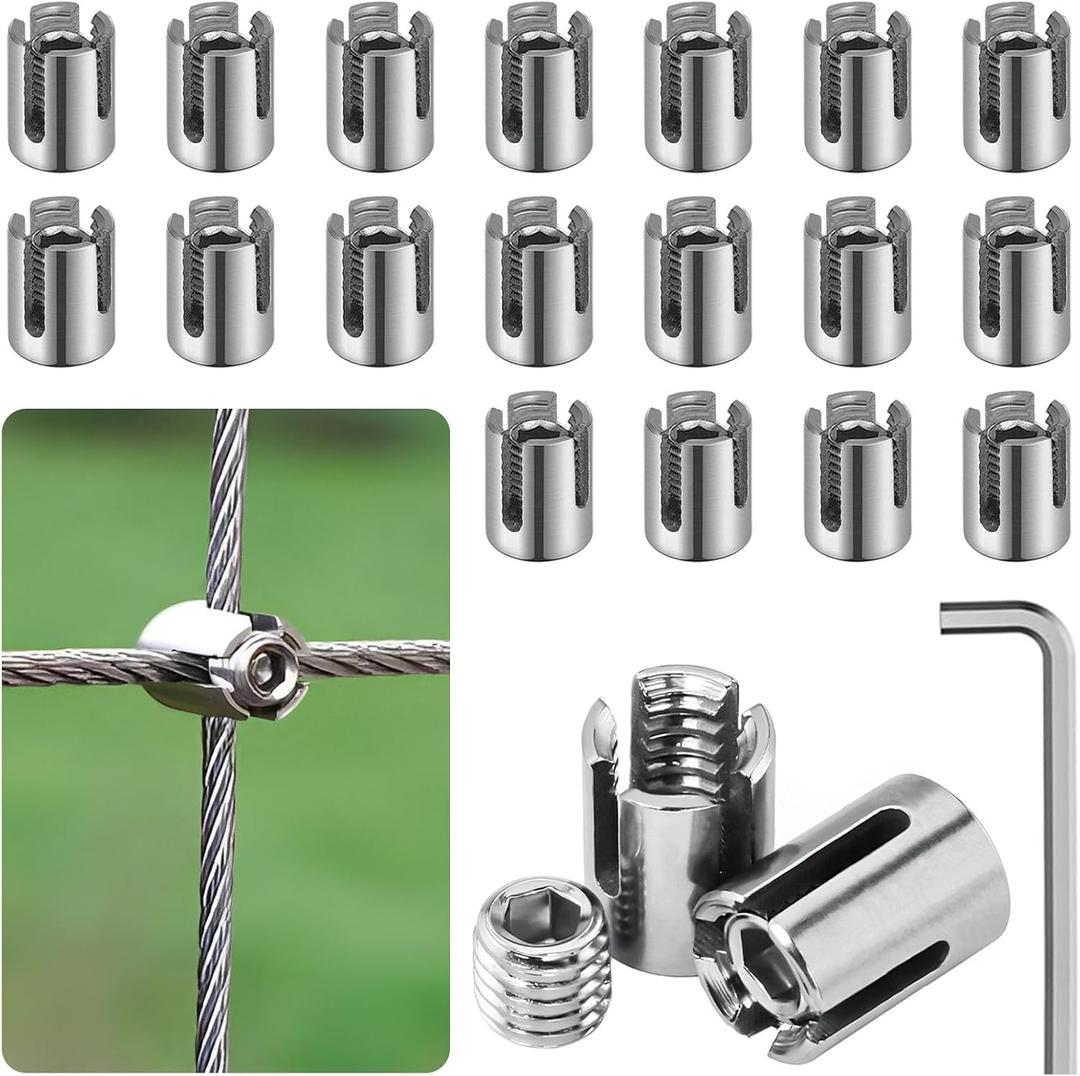 20pcs 1/8" Cable Cross Clamps, T316 Stainless Steel Cross Cable Clamps for 3mm Wire Rope or Rod Fittings, No Drilling Clips for Wire Trellis Kits (Invisible)