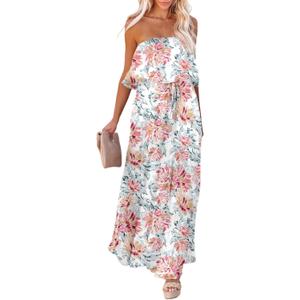 Dokotoo Womens Strapless Dresses Casual Summer High Waist Side Split Flowy Boho Maxi Dress (Large, Multicolor 1)
