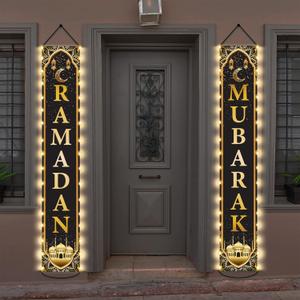 ZOIIWA Eid Mubarak Front Door Banners Lighted Decorations Ramadan Porch Sign with LED Light Black Gold Moon Lantern Door Sign Hanging Fabric Banner for Ramadan Eid Mubarak Party Outside Lighted Decor