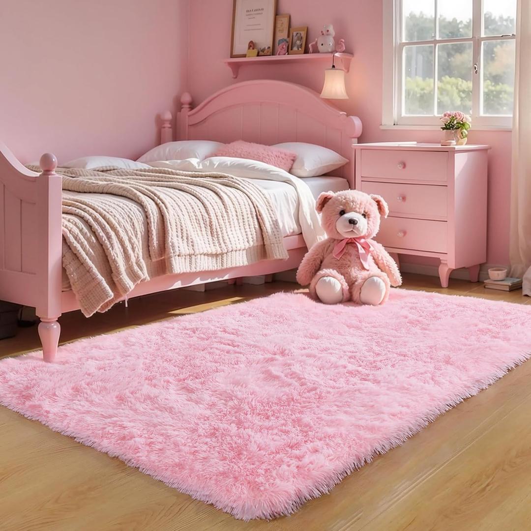 KCHOWUA Pink Fluffy Fuzzy Small Area Rugs for Bedroom Girls,3'x5' Machine Washable Plush Pastel Throw Cute Rug for Living Room,Modern Soft Shag Shaggy Furry Floor Nursery Kids Dorm Room Carpets