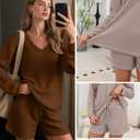 2 Pack Women's Waffle Knit Lounge Sets Long Sleeve V Neck Pajama Sets Tops and Shorts Loungewear with Pockets (Medium, Caramel, Khaki)