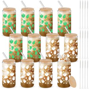 12 Packs Halloween Glass Cups 16oz Halloween Boo Baskets Stuffers Ghost Glass Cups with Lids Straws Glow in the Dark Iced Coffee Cup Gifts for Women Adults Teens Girls Party Decor (Ghost)