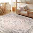 BESTSWEETIE 6x9 Area Rug Washable Rugs for Living Room, No Pile Boho Carpet for Entryway Bedroom Dinning Room, Vintage Carpet Print Distressed Non-Slip, 6 x 9 ft, Pink Beige Grey