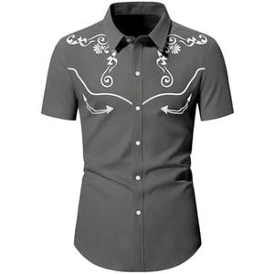 BEAUDRM Men's Retro Print Western Shirt Button Down Collared Short Sleeve Cowboy Tops Dark Grey Medium