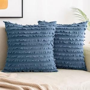 MIULEE Set of 2 Decorative Boho Throw Pillow Covers Linen Striped Jacquard Pattern Cushion Covers for Sofa Couch Living Room Bedroom 18x18 Inch Dark Blue