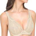 Wingslove Women's Sexy Bra Sheer Lace Bra Plunge Unlined Full Coverage See Through Underwire Bra (32B, Nude)