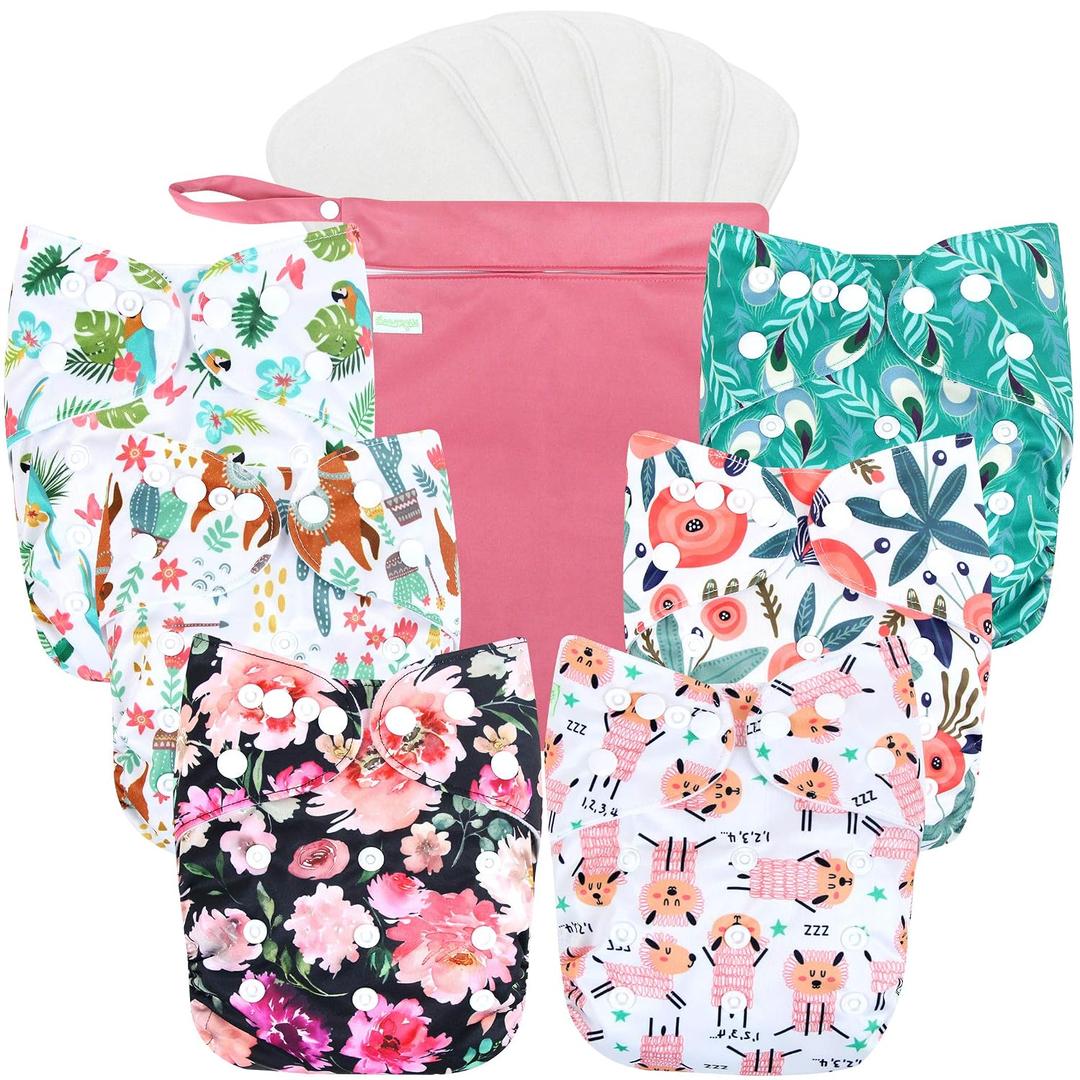Wegreeco Cloth Diapers 6 Pack with 6 Inserts & 1 Wet Bag, Washable Cloth Diapers for Babies, One Size Adjustable Reusable (Flower)