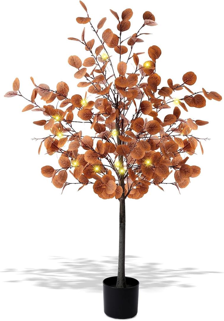 1 Pcs 4ft Lighted Fall Eucalyptus Leaves Branches Artificial Autumn Ficus Fall Long Silver Dollar Leaves Fake Silk Eucalyptus Stems with Lights Faux Tree Decor for Porch Front Outdoor