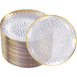 DaYammi 100 Pcs Clear Gold Plastic Plates, Hammered Party Plate, Fancy Plastic Plates Disposable Clear Disposable Dessert Platos, 7 Inch Heavy duty Plastic Dessert Platos for Party & Wedding