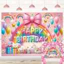 Rainbow Happy Birthday Backdrop Pink Bow Rainbow Photography Background for Girls Baby Shower Birthday Party Cake Table Decoration (8x6FT)