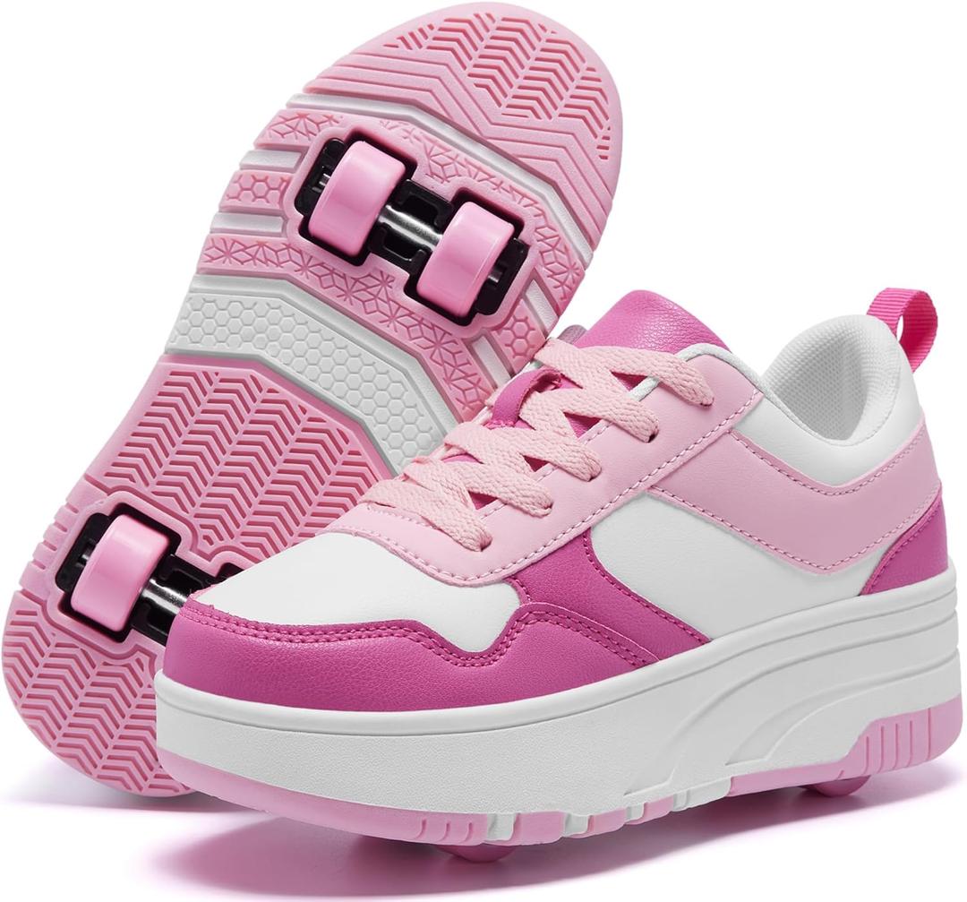 Roller Skate Shoes for Kids Girls Boys Detachable Wheeled Fashion Sneakers (5 Big Kid, Pink-white 1136)