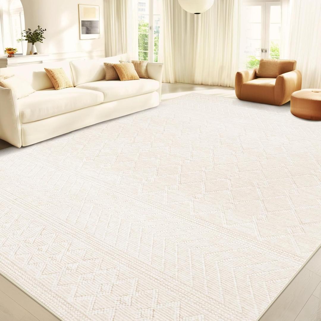 9x12 Area Rug Living Room: Washable Boho Geometric Moroccan Rug Neutral Modern Farmhouse Indoor Soft Non Slip Ultra Thin Large Printed Pattern Carpet for Bedroom Home Office 