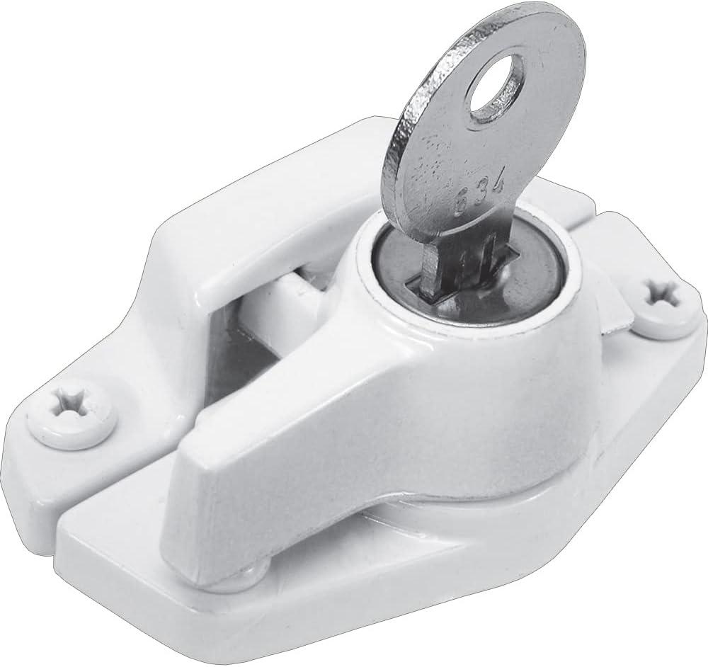 Prime-Line U 9928 Keyed Sash Lock Security Lock Only Unlocks With Key  For Aluminum, Vinyl or Wood Double-Hung Windows  2 Hole Centers  Heavy-Duty Zinc Diecast, White (Single Pack)