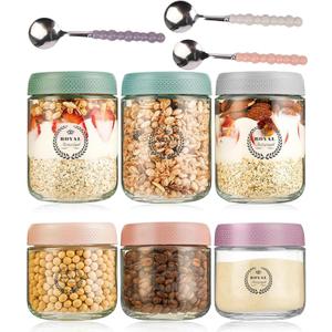 6 Pack Overnight Oats Jars with Lids & Spoons  16oz & 10oz Glass Mason Jars, Wide-Mouth Airtight Meal Prep Containers for Yogurt, Chia Pudding & Snacks