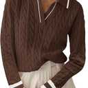 Micoson Womens Sweaters Fall Long Sleeve Lapel V Neck Sweater Cable Knit Pullover Casual Soft Jumper Top (Large, Brown and White Stripe)