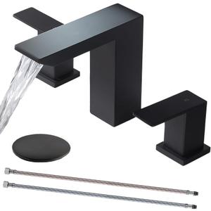 Black Bathroom Faucet, 8 Inch Widespread Matte Black Bathroom Sink Faucet, 3 Hole Waterfall Vanity Faucet with Pop-Up Drain and Hoses for Bathroom Sink Vanity Rv