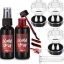 6 PCS Halloween Fake Blood Makeup Kit 3 Size Vampire Teeth Fangs Fresh Red Realistic Fake Blood Spray Washable Blood Gel for Monster Zombie Cosplay Dress Up