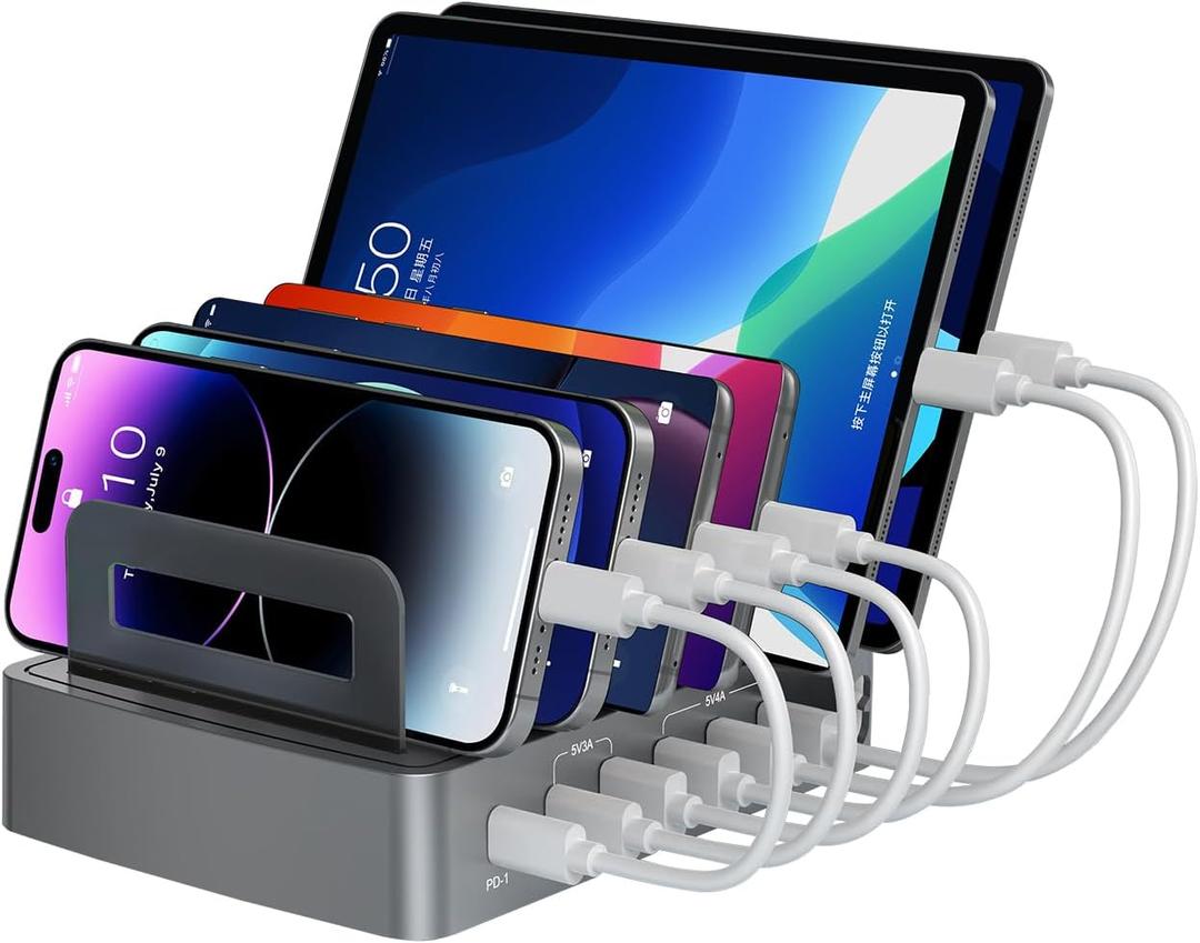 Charging Station for Multiple Devices,72W 6-Port USB C Charger Stations-PD45W QC3.0 Fast Charger Dock,Compatible with Cellphone,Tablet, MacBook,iPhone16/15/pro,iPad and More(Space Gray)