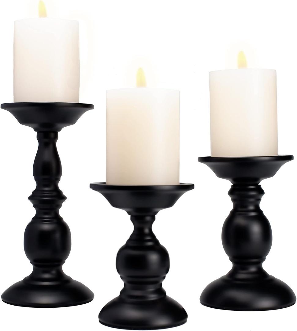 Black Pillar Candle Holders Set of 3, Vintage Candle Holder for Table Centerpiece & Fireplace Decor, Decorative Antique Candle Stand for Dining & Living Room Decoration
