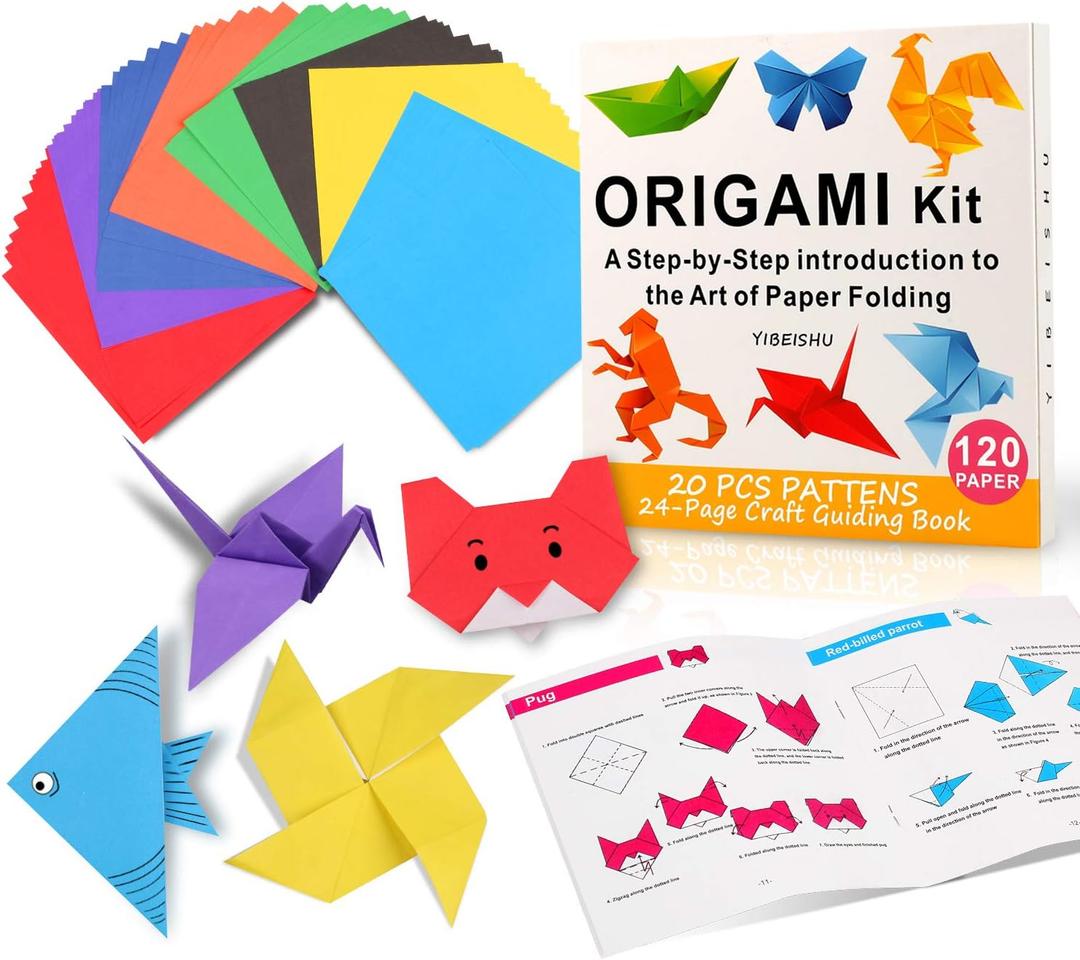 Origami Kit for Kids, 120 Sheets Origami Paper with Instructions Book, 6x6 Inch Square Easy Single Sided Color Folding Paper Set for Beginners Adults Kids Activity Birthday Christmas Gift